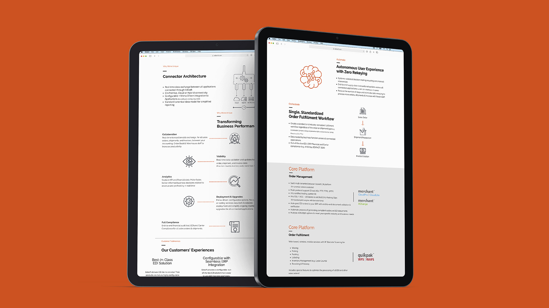 Two electronic tablets displaying the Edisoft Supply Chain Solutions Product Microsite